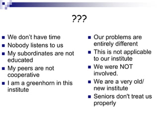 ???
 We don’t have time
 Nobody listens to us
 My subordinates are not
educated
 My peers are not
cooperative
 I am a greenhorn in this
institute
 Our problems are
entirely different
 This is not applicable
to our institute
 We were NOT
involved.
 We are a very old/
new institute
 Seniors don't treat us
properly
 