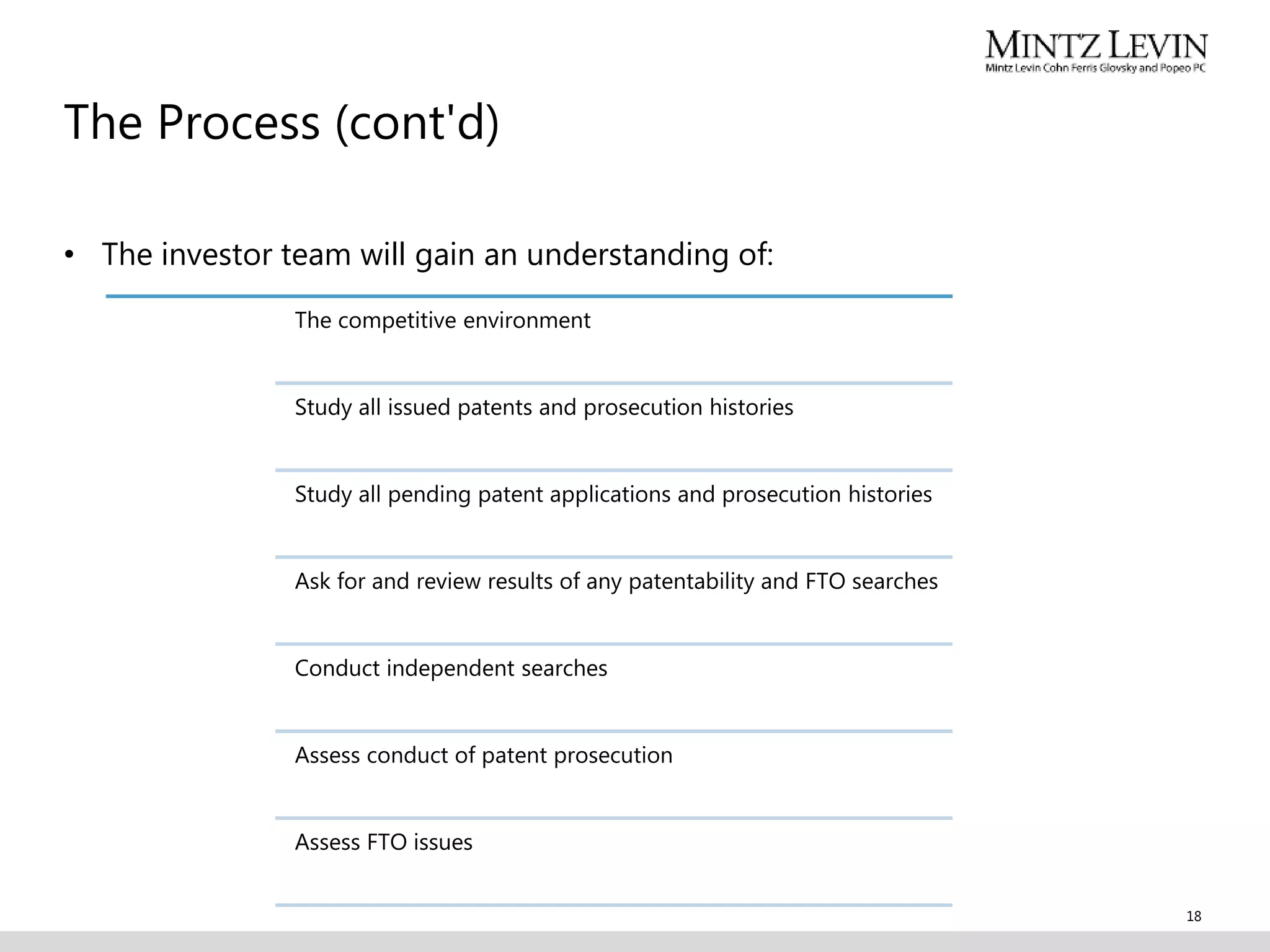 The Process (cont'd)
18
• The investor team will gain an understanding of:
The competitive environment
Study all issued patents and prosecution histories
Study all pending patent applications and prosecution histories
Ask for and review results of any patentability and FTO searches
Conduct independent searches
Assess conduct of patent prosecution
Assess FTO issues
 