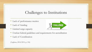 Challenges to Institutions
• Lack of performance metrics
• Lack of funding
• Limited surge capacity
• Unclear federal guidelines and requirements for accreditation
• Lack of Coordination
(Cagliuso, 2014/2015, p. 156)
 