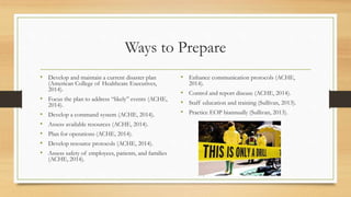 Ways to Prepare
• Develop and maintain a current disaster plan
(American College of Healthcare Executives,
2014).
• Focus the plan to address “likely” events (ACHE,
2014).
• Develop a command system (ACHE, 2014).
• Assess available resources (ACHE, 2014).
• Plan for operations (ACHE, 2014).
• Develop resource protocols (ACHE, 2014).
• Assess safety of employees, patients, and families
(ACHE, 2014).
• Enhance communication protocols (ACHE,
2014).
• Control and report disease (ACHE, 2014).
• Staff education and training (Sullivan, 2013).
• Practice EOP biannually (Sullivan, 2013).
 