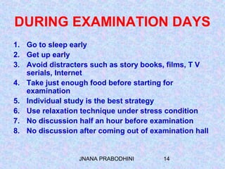 JNANA PRABODHINI 14
DURING EXAMINATION DAYS
1. Go to sleep early
2. Get up early
3. Avoid distracters such as story books, films, T V
serials, Internet
4. Take just enough food before starting for
examination
5. Individual study is the best strategy
6. Use relaxation technique under stress condition
7. No discussion half an hour before examination
8. No discussion after coming out of examination hall
 