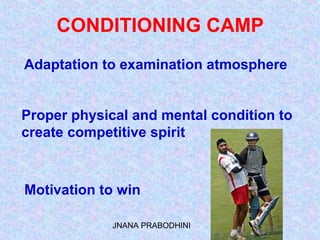 JNANA PRABODHINI 3
CONDITIONING CAMP
Adaptation to examination atmosphere
Proper physical and mental condition to
create competitive spirit
Motivation to win
 