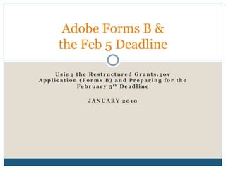 Using the Restructured Grants.gov Application (Forms B) and Preparing for the February 5th Deadline January 2010 Adobe Forms B &the Feb 5 Deadline 