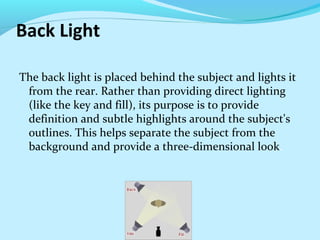 Back Light
The back light is placed behind the subject and lights it
from the rear. Rather than providing direct lighting
(like the key and fill), its purpose is to provide
definition and subtle highlights around the subject's
outlines. This helps separate the subject from the
background and provide a three-dimensional look.
 