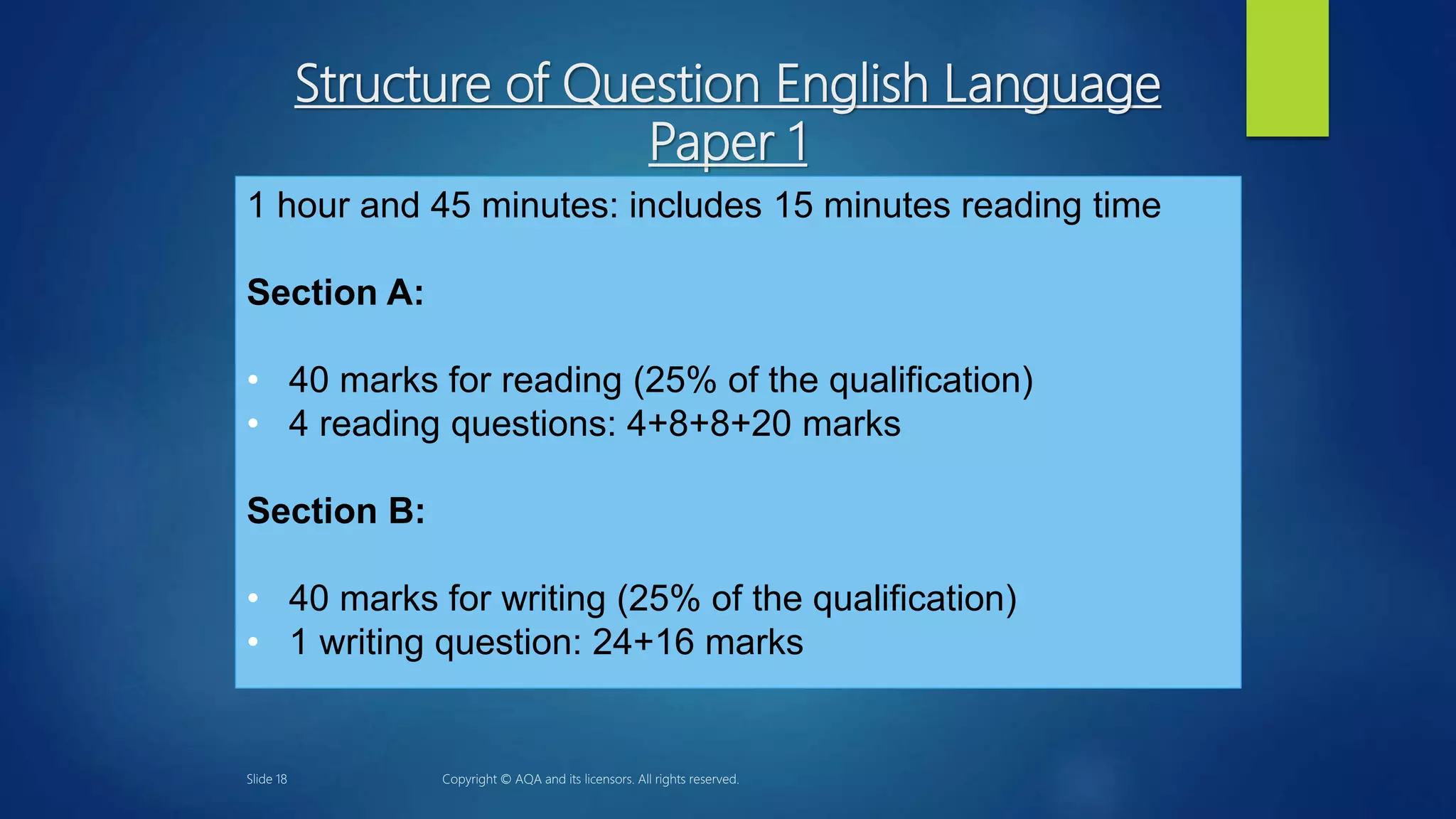 Structure of Question English Language
Paper 1
1 hour and 45 minutes: includes 15 minutes reading time
Section A:
• 40 marks for reading (25% of the qualification)
• 4 reading questions: 4+8+8+20 marks
Section B:
• 40 marks for writing (25% of the qualification)
• 1 writing question: 24+16 marks
Slide 18 Copyright © AQA and its licensors. All rights reserved.
 