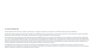 © 2020 GRESB BV
Unless explicitly stated otherwise, all rights including those in copyright in publication are owned by or controlled for these purposes by GRESB B.V.
Except as otherwise expressly permitted under copyright law or GRESB B.V’s terms and conditions, no part of this presentation may be reproduced, copied, republished,
downloaded, posted, broadcast or transmitted in any way without first obtaining GRESB B.V’s written permission.
This presentation and the statements made reflect the opinions of GRESB and not of our members. The information in the presentation has been provided in good faith
on an “as is” basis. We take reasonable care to check the accuracy and completeness of materials prior to their publication. However, the information in the presentation
has not been independently verified. In addition, the statements in the presentation may provide current expectations of future events based on certain assumptions. The
variety of sources from which we obtain the information in the presentation means that we make no representations and give no warranties, express or implied as to its
accuracy, availability, completeness, timeliness, merchantability or fitness for any particular purpose.
The presentation and materials are not provided as the basis for any professional advice or for transactional use. GRESB and its advisors, consultants and sub-
contractors shall not be responsible or liable for any advice given to third parties, any investment decisions or trading, or any other actions taken by you or by third parties
based on information contained in the presentation and/or materials.
 