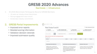GRESB 2020 Advances
Real Estate | Infrastructure
1. All 2020 Benchmark Participants Become GRESB Members
• 10 years as industry-driven benchmark
• Strong engagement track record
• Accelerates industry commitment
2. GRESB Portal Improvements
• Improved error reports
• Detailed scoring information
• Validation decision rationale
• Improved submission quality
34
 
