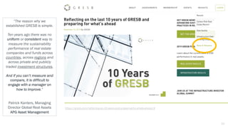 50
https://gresb.com/reflecting-on-10-years-and-preparing-for-whats-ahead/#
“The reason why we
established GRESB is simple.
Ten years ago there was no
uniform or consistent way to
measure the sustainability
performance of real estate
companies and funds across
countries, across regions and
across private and publicly
traded investment structures.
And if you can’t measure and
compare, it is difficult to
engage with a manager on
how to improve.”
Patrick Kanters, Managing
Director Global Real Assets
APG Asset Management
 