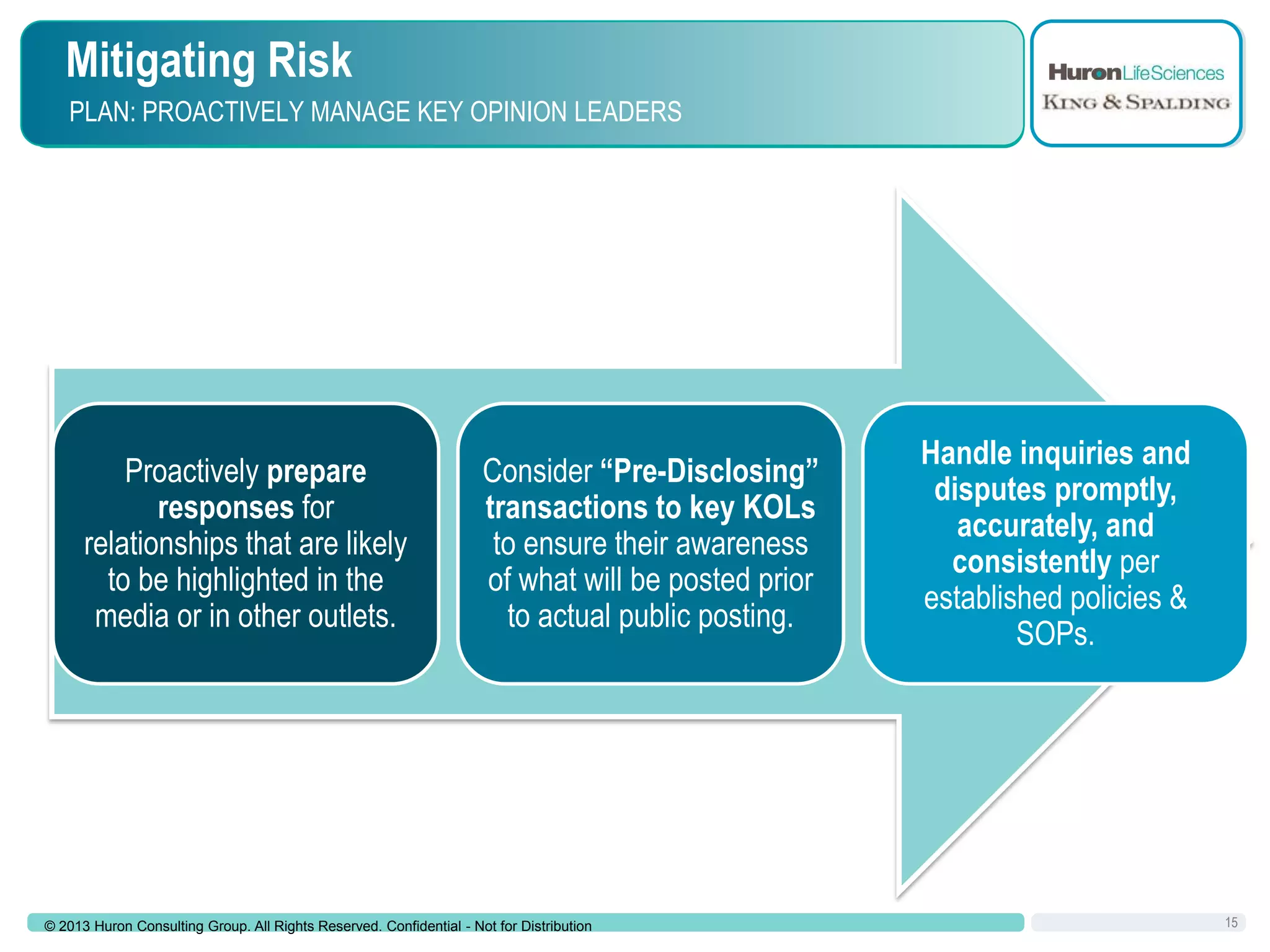 Mitigating Risk
PLAN: PROACTIVELY MANAGE KEY OPINION LEADERS

Proactively prepare
responses for
relationships that are likely
to be highlighted in the
media or in other outlets.

Consider “Pre-Disclosing”
transactions to key KOLs
to ensure their awareness
of what will be posted prior
to actual public posting.

© 2013 Huron Consulting Group. All Rights Reserved. Confidential - Not for Distribution

Handle inquiries and
disputes promptly,
accurately, and
consistently per
established policies &
SOPs.

15

 