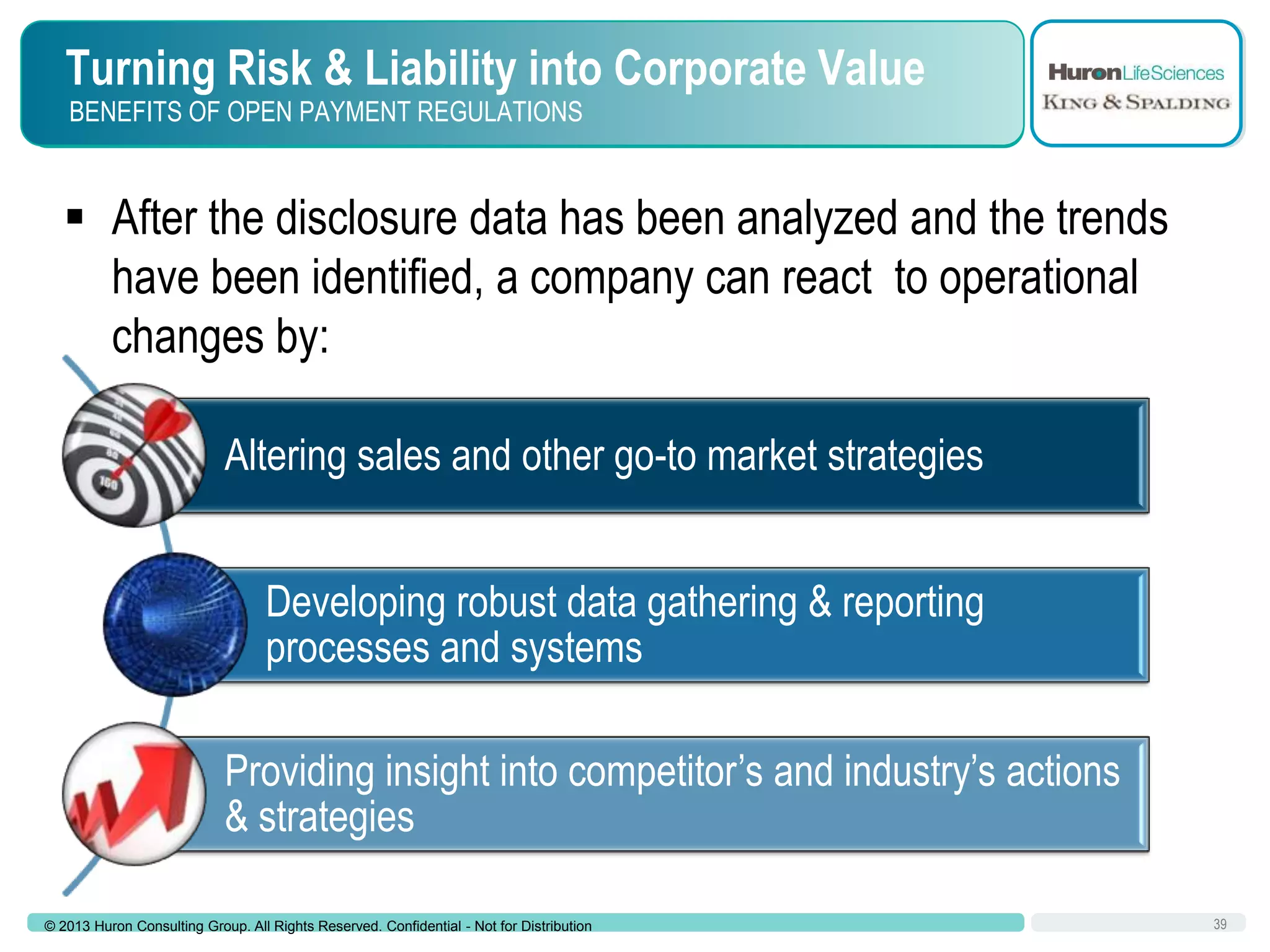 Turning Risk & Liability into Corporate Value
BENEFITS OF OPEN PAYMENT REGULATIONS

 After the disclosure data has been analyzed and the trends
have been identified, a company can react to operational
changes by:
Altering sales and other go-to market strategies
Developing robust data gathering & reporting
processes and systems

Providing insight into competitor’s and industry’s actions
& strategies
© 2013 Huron Consulting Group. All Rights Reserved. Confidential - Not for Distribution

39

 
