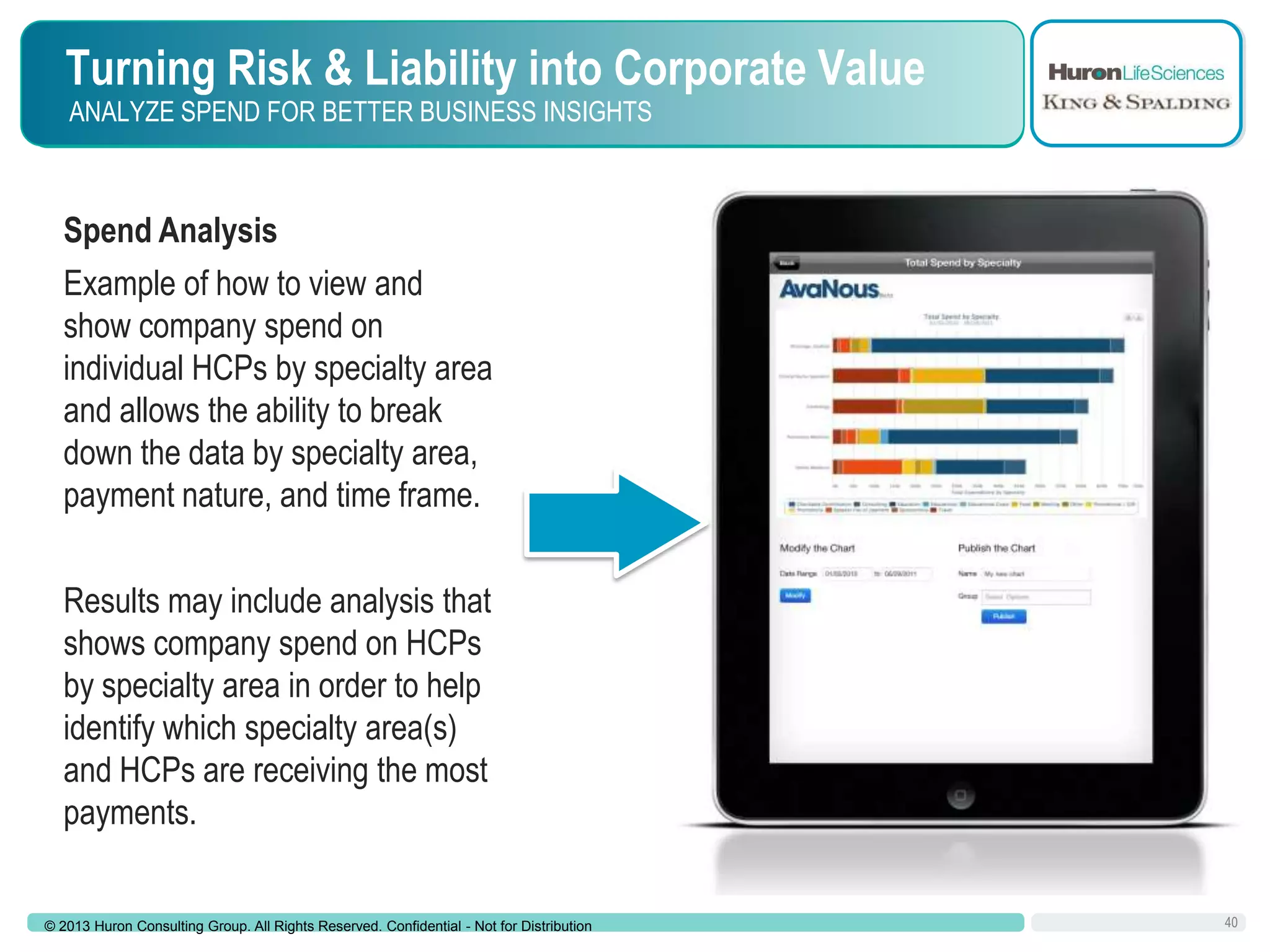 Turning Risk & Liability into Corporate Value
ANALYZE SPEND FOR BETTER BUSINESS INSIGHTS

Spend Analysis
Example of how to view and
show company spend on
individual HCPs by specialty area
and allows the ability to break
down the data by specialty area,
payment nature, and time frame.
Results may include analysis that
shows company spend on HCPs
by specialty area in order to help
identify which specialty area(s)
and HCPs are receiving the most
payments.

© 2013 Huron Consulting Group. All Rights Reserved. Confidential - Not for Distribution

40

 
