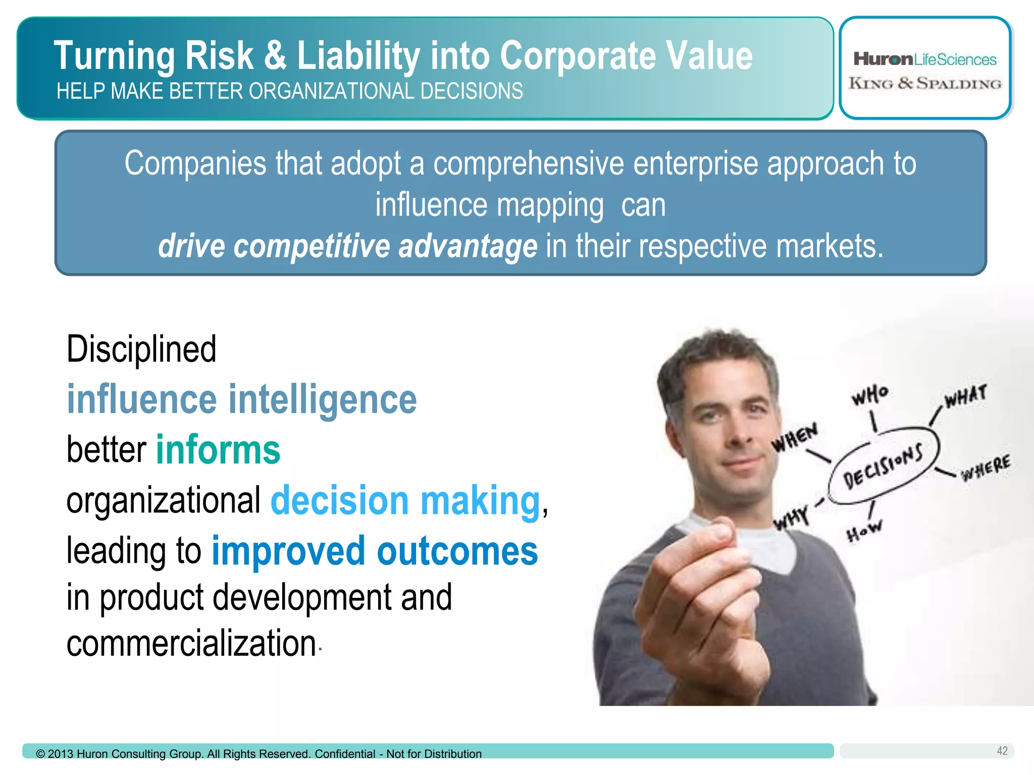 Turning Risk & Liability into Corporate Value
HELP MAKE BETTER ORGANIZATIONAL DECISIONS

Companies that adopt a comprehensive enterprise approach to
influence mapping can
drive competitive advantage in their respective markets.

Disciplined

influence intelligence
better informs
organizational decision making,
leading to improved outcomes
in product development and
commercialization.
© 2013 Huron Consulting Group. All Rights Reserved. Confidential - Not for Distribution

42

 