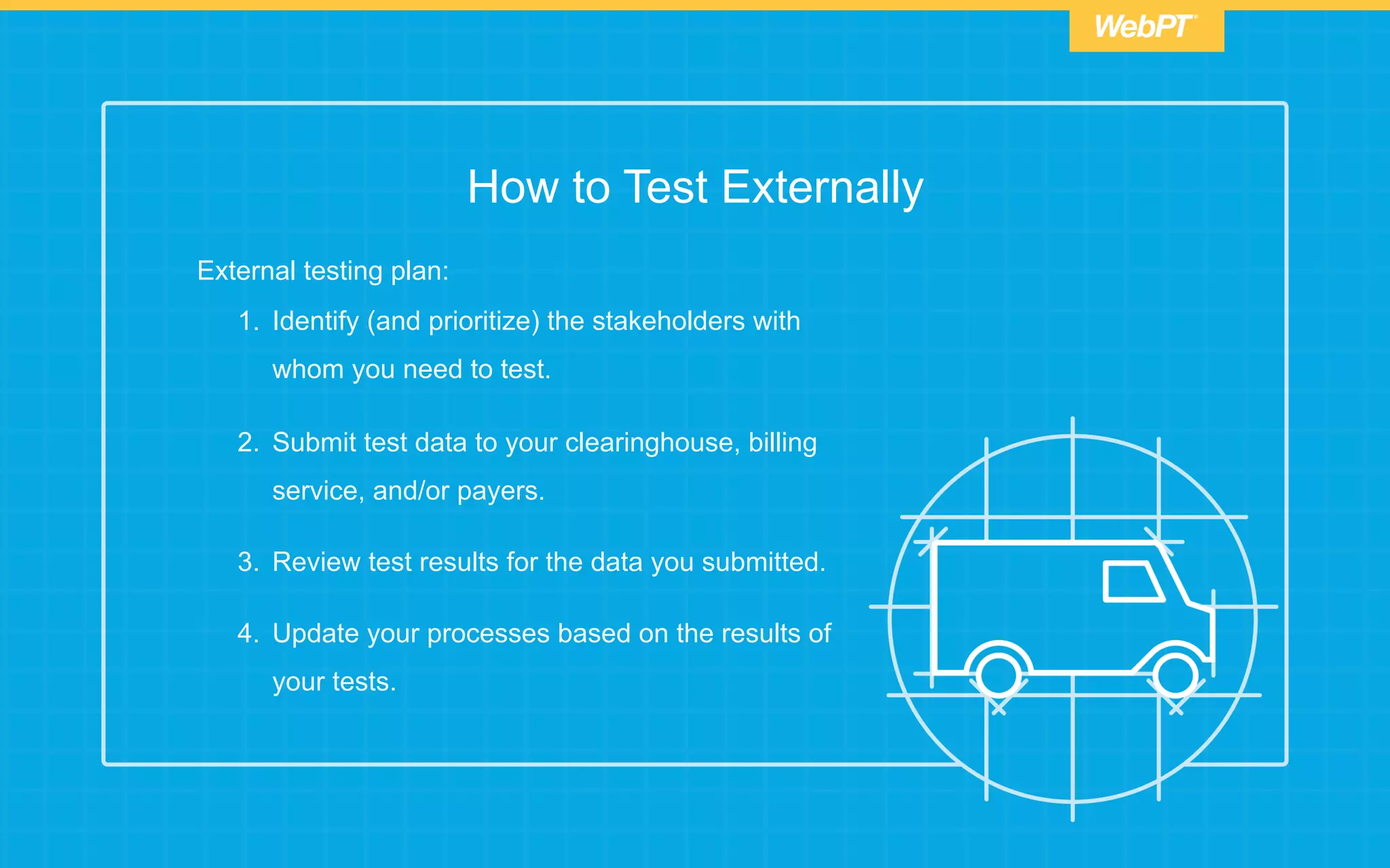 How to Test Externally
External testing plan:
1.  Identify (and prioritize) the stakeholders with
whom you need to test.
2.  Submit test data to your clearinghouse, billing
service, and/or payers.
3.  Review test results for the data you submitted.
4.  Update your processes based on the results of
your tests.
 