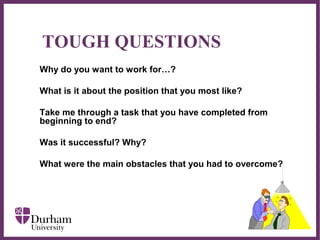 ∂
TOUGH QUESTIONS
Why do you want to work for…?
What is it about the position that you most like?
Take me through a task that you have completed from
beginning to end?
Was it successful? Why?
What were the main obstacles that you had to overcome?
 