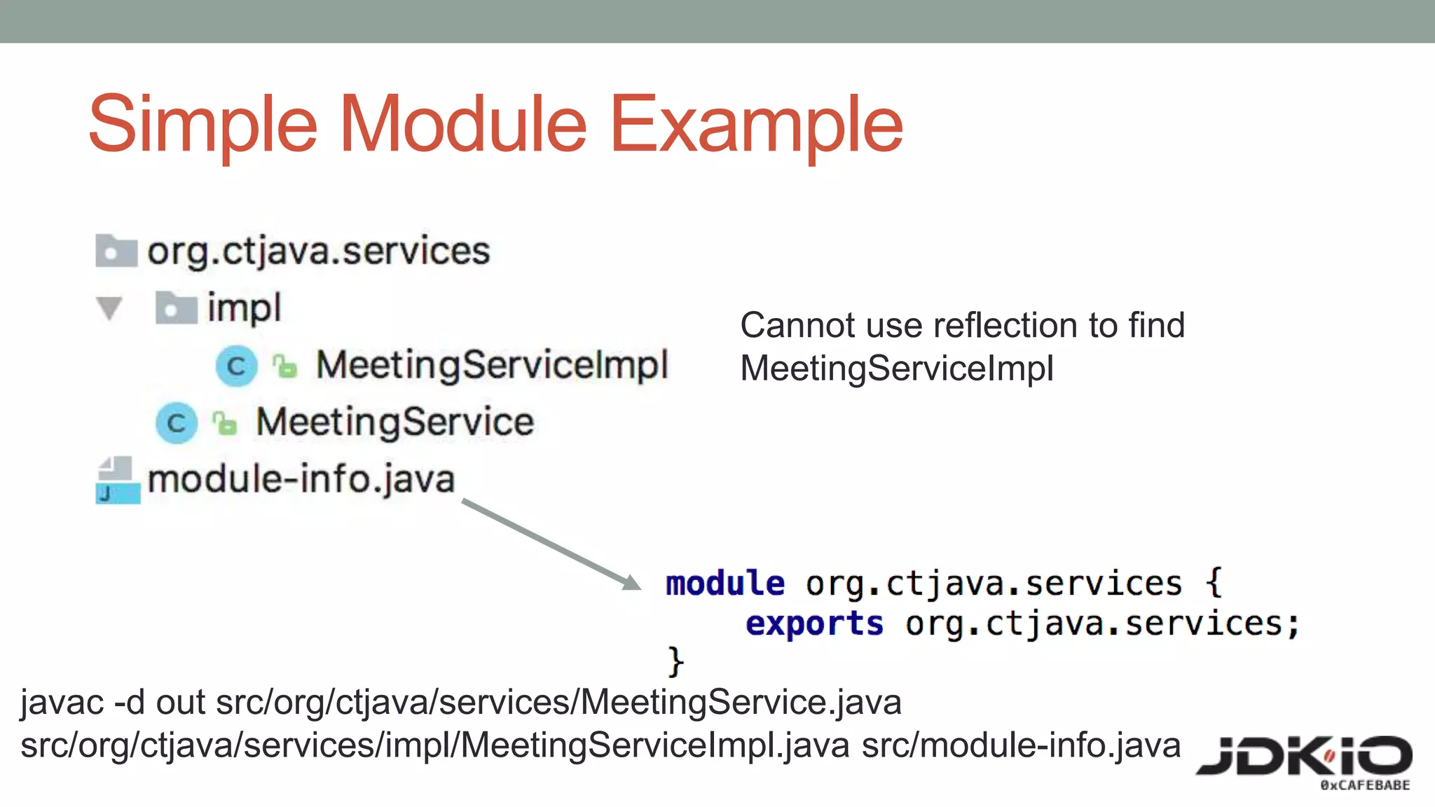 Simple Module Example
javac -d out src/org/ctjava/services/MeetingService.java
src/org/ctjava/services/impl/MeetingServiceImpl.java src/module-info.java
Cannot use reflection to find
MeetingServiceImpl
 