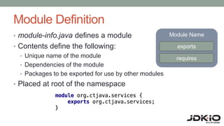Module Definition
• module-info.java defines a module
• Contents define the following:
• Unique name of the module
• Dependencies of the module
• Packages to be exported for use by other modules
• Placed at root of the namespace
Module Name
exports
requires
 