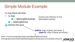 Simple Module Example
javac -d out src/org/ctjava/services/MeetingService.java
src/org/ctjava/services/impl/MeetingServiceImpl.java src/module-info.java
Cannot use reflection to find
MeetingServiceImpl
 