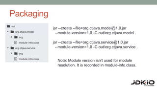 Packaging
jar --create --file=org.ctjava.model@1.0.jar
--module-version=1.0 -C out/org.ctjava.model .
jar --create --file=org.ctjava.service@1.0.jar
--module-version=1.0 -C out/org.ctjava.service .
Note: Module version isn’t used for module
resolution. It is recorded in module-info.class.
 