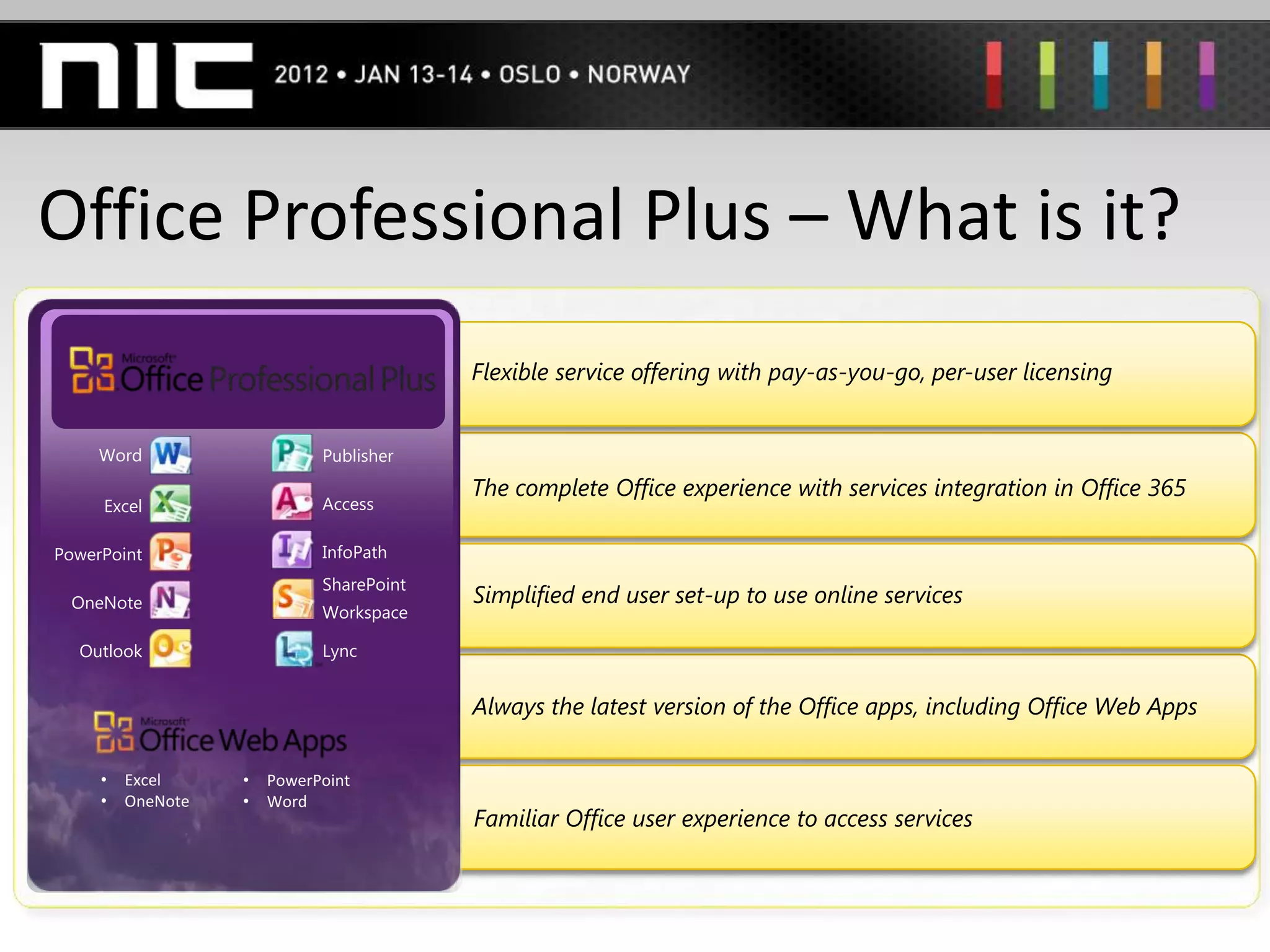 Office Professional Plus – What is it?
                                          Flexible service offering with pay-as-you-go, per-user licensing


     Word                    Publisher
                                          The complete Office experience with services integration in Office 365
     Excel                   Access

PowerPoint                   InfoPath
                             SharePoint
 OneNote                                  Simplified end user set-up to use online services
                             Workspace

  Outlook                    Lync


                                          Always the latest version of the Office apps, including Office Web Apps

     •   Excel     •   PowerPoint
     •   OneNote   •   Word
                                          Familiar Office user experience to access services
 