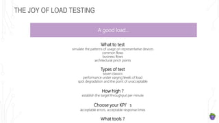 THE JOY OF LOAD TESTING
A good load…
What to test
simulate the patterns of usage on representative devices
common flows
business flows
architectural pinch points
Types of test
seven classics
performance under varying levels of load
spot degradation and the point of unacceptable
How high ?
establish the target throughput per minute
Choose your KPI’s
acceptable errors, acceptable response times
What tools ?
 