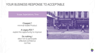 YOUR BUSINESS RESPONSE TO ACCEPTABLE
Scope, Expectations, Time
Cheapest ?
minimal Viable Product
A Legacy ROI ?
exploit the opportunity to improve
Do nothing !
elect not to participate
reflected confidence
not free
 