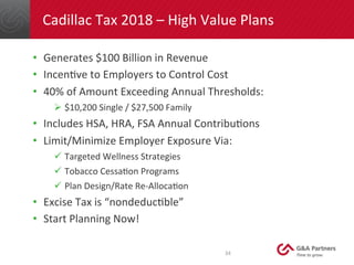 Cadillac	
  Tax	
  2018	
  –	
  High	
  Value	
  Plans	
  
•  Generates	
  $100	
  Billion	
  in	
  Revenue	
  
•  IncenDv...