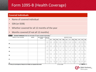 Form	
  1095-­‐B	
  (Health	
  Coverage)	
  
50	
  
Covered	
  Individuals	
  
•  Name	
  of	
  covered	
  individual	
  
...