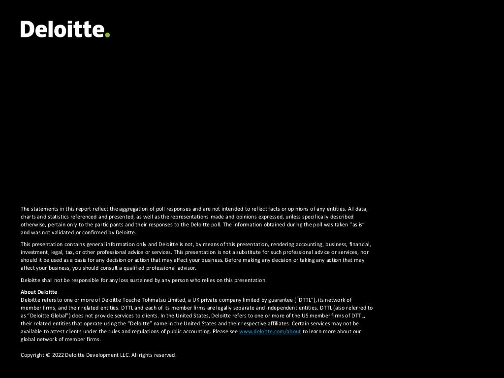 The statements in this report reflect the aggregation of poll responses and are not intended to reflect facts or opinions of any entities. All data,
charts and statistics referenced and presented, as well as the representations made and opinions expressed, unless specifically described
otherwise, pertain only to the participants and their responses to the Deloitte poll. The information obtained during the poll was taken “as is”
and was not validated or confirmed by Deloitte.
This presentation contains general information only and Deloitte is not, by means of this presentation, rendering accounting, business, financial,
investment, legal, tax, or other professional advice or services. This presentation is not a substitute for such professional advice or services, nor
should it be used as a basis for any decision or action that may affect your business. Before making any decision or taking any action that may
affect your business, you should consult a qualified professional advisor.
Deloitte shall not be responsible for any loss sustained by any person who relies on this presentation.
About Deloitte
Deloitte refers to one or more of Deloitte Touche Tohmatsu Limited, a UK private company limited by guarantee (“DTTL”), its network of
member firms, and their related entities. DTTL and each of its member firms are legally separate and independent entities. DTTL (also referred to
as “Deloitte Global”) does not provide services to clients. In the United States, Deloitte refers to one or more of the US member firms of DTTL,
their related entities that operate using the “Deloitte” name in the United States and their respective affiliates. Certain services may not be
available to attest clients under the rules and regulations of public accounting. Please see www.deloitte.com/about to learn more about our
global network of member firms.
Copyright © 2022 Deloitte Development LLC. All rights reserved.
 