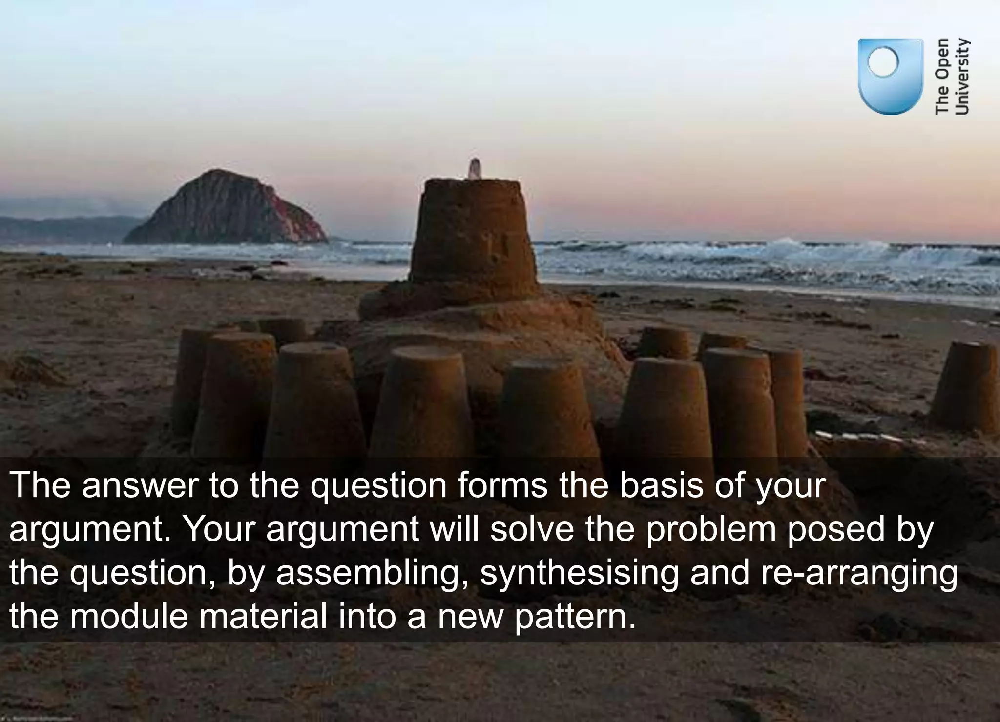 The answer to the question forms the basis of your 
argument. Your argument will solve the problem posed by 
the question, by assembling, synthesising and re-arranging 
the module material into a new pattern. 
 