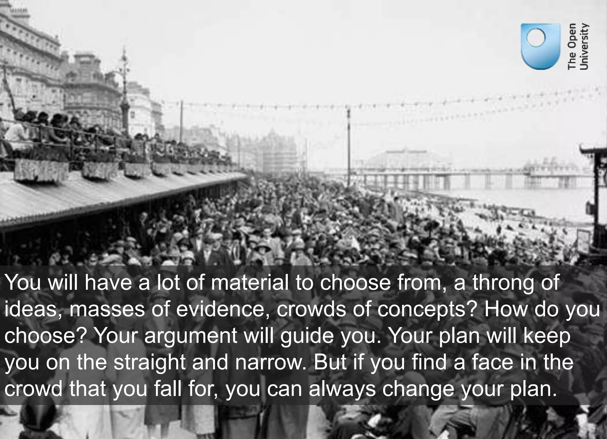 You will have a lot of material to choose from, a throng of 
ideas, masses of evidence, crowds of concepts? How do you 
choose? Your argument will guide you. Your plan will keep 
you on the straight and narrow. But if you find a face in the 
crowd that you fall for, you can always change your plan. 
 