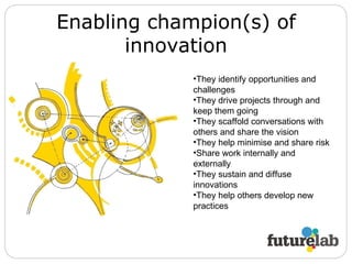 Enabling champion(s) of innovation They identify opportunities and challenges They drive projects through and keep them going They scaffold conversations with others and share the vision They help minimise and share risk Share work internally and externally They sustain and diffuse innovations They help others develop new practices 