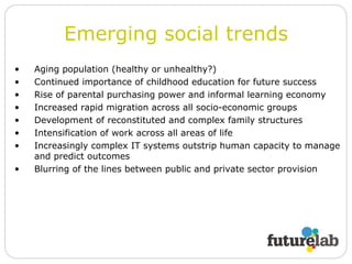 Emerging social trends Aging population (healthy or unhealthy?) Continued importance of childhood education for future success Rise of parental purchasing power and informal learning economy Increased rapid migration across all socio-economic groups Development of reconstituted and complex family structures Intensification of work across all areas of life Increasingly complex IT systems outstrip human capacity to manage and predict outcomes Blurring of the lines between public and private sector provision 