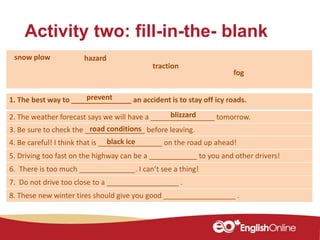 Activity two: fill-in-the- blank
1. The best way to _______________ an accident is to stay off icy roads.
2. The weather forecast says we will have a ________________ tomorrow.
3. Be sure to check the _______________ before leaving.
4. Be careful! I think that is ________________ on the road up ahead!
5. Driving too fast on the highway can be a ____________ to you and other drivers!
6. There is too much ______________. I can’t see a thing!
7. Do not drive too close to a __________________ .
8. These new winter tires should give you good __________________ .
blizzard
traction
snow plow hazard
road conditions
black ice
fog
prevent
 