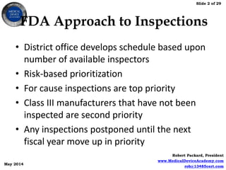 Slide 2 of 29
Robert Packard, President
www.MedicalDeviceAcademy.com
rob@13485cert.com
May 2014
FDA Approach to Inspections
• District office develops schedule based upon
number of available inspectors
• Risk-based prioritization
• For cause inspections are top priority
• Class III manufacturers that have not been
inspected are second priority
• Any inspections postponed until the next
fiscal year move up in priority
 