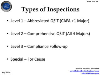Slide 7 of 29
Robert Packard, President
www.MedicalDeviceAcademy.com
rob@13485cert.com
May 2014
Types of Inspections
• Level 1 – Abbreviated QSIT (CAPA +1 Major)
• Level 2 – Comprehensive QSIT (All 4 Majors)
• Level 3 – Compliance Follow-up
• Special – For Cause
 