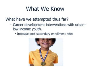What We Know  What have we attempted thus far? Career development interventions with urban-low income youth. Increase post-secondary enrollment rates 