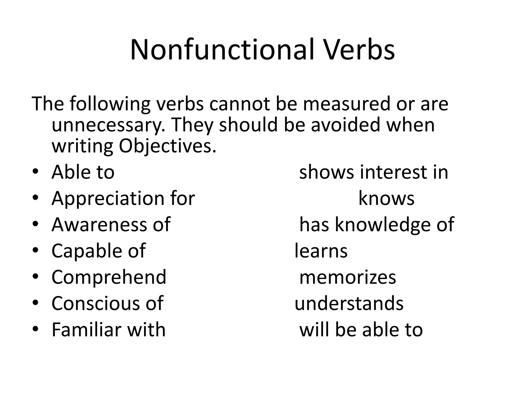 Nonfunctional Verbs
The following verbs cannot be measured or are
unnecessary. They should be avoided when
writing Objectives.
• Able to shows interest in
• Appreciation for knows
• Awareness of has knowledge of
• Capable of learns
• Comprehend memorizes
• Conscious of understands
• Familiar with will be able to
 