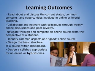 Learning Outcomes
- Read about and discuss the current status, common
concerns, and opportunities involved in online or hybrid
teaching.
- Collaborate and network with colleagues through weekly
online discussions and peer reviews.
-Navigate through and complete an online course from the
perspective of a student.
- Identify common aspects of a "good" online course.
- Design the basic structure
of a course within Blackboard.
- Design a syllabus appropriate
for an online or hybrid class.
 