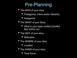 • The WHO of your story
• Protagonist, (Hero and/or Heroine)
• Antagonist
• The WHAT of your Story
• What is your basic co...