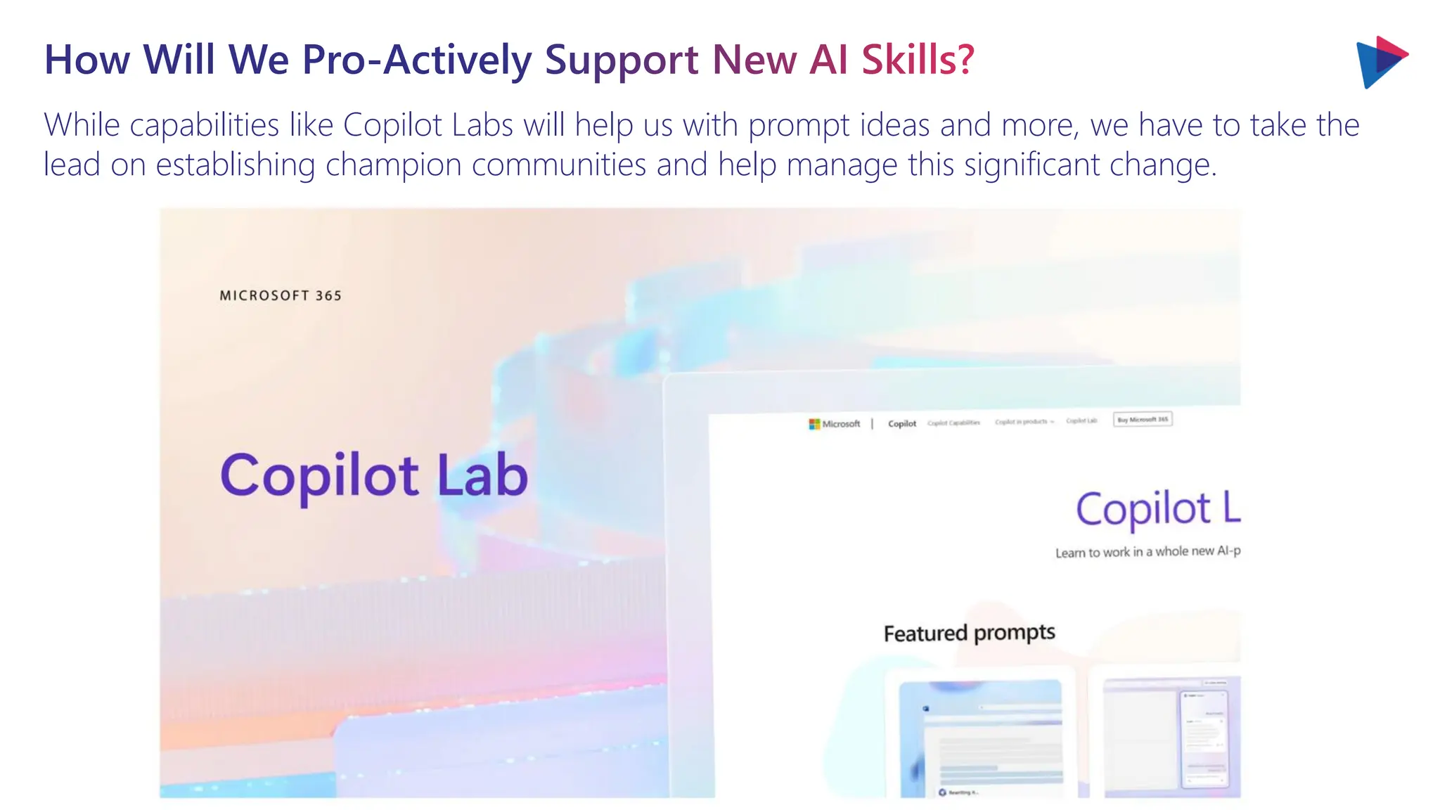 How Will We Pro-Actively Support New AI Skills?
While capabilities like Copilot Labs will help us with prompt ideas and more, we have to take the
lead on establishing champion communities and help manage this significant change.
 