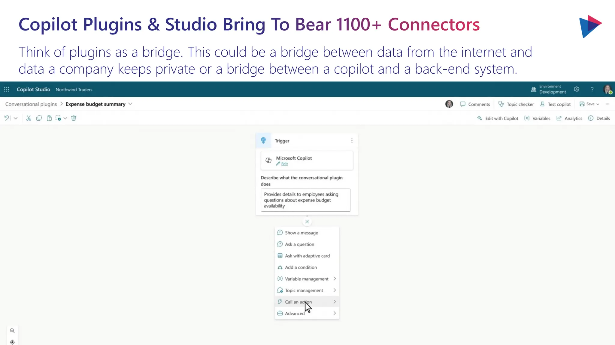 Think of plugins as a bridge. This could be a bridge between data from the internet and
data a company keeps private or a bridge between a copilot and a back-end system.
Copilot Plugins & Studio Bring To Bear 1100+ Connectors
 