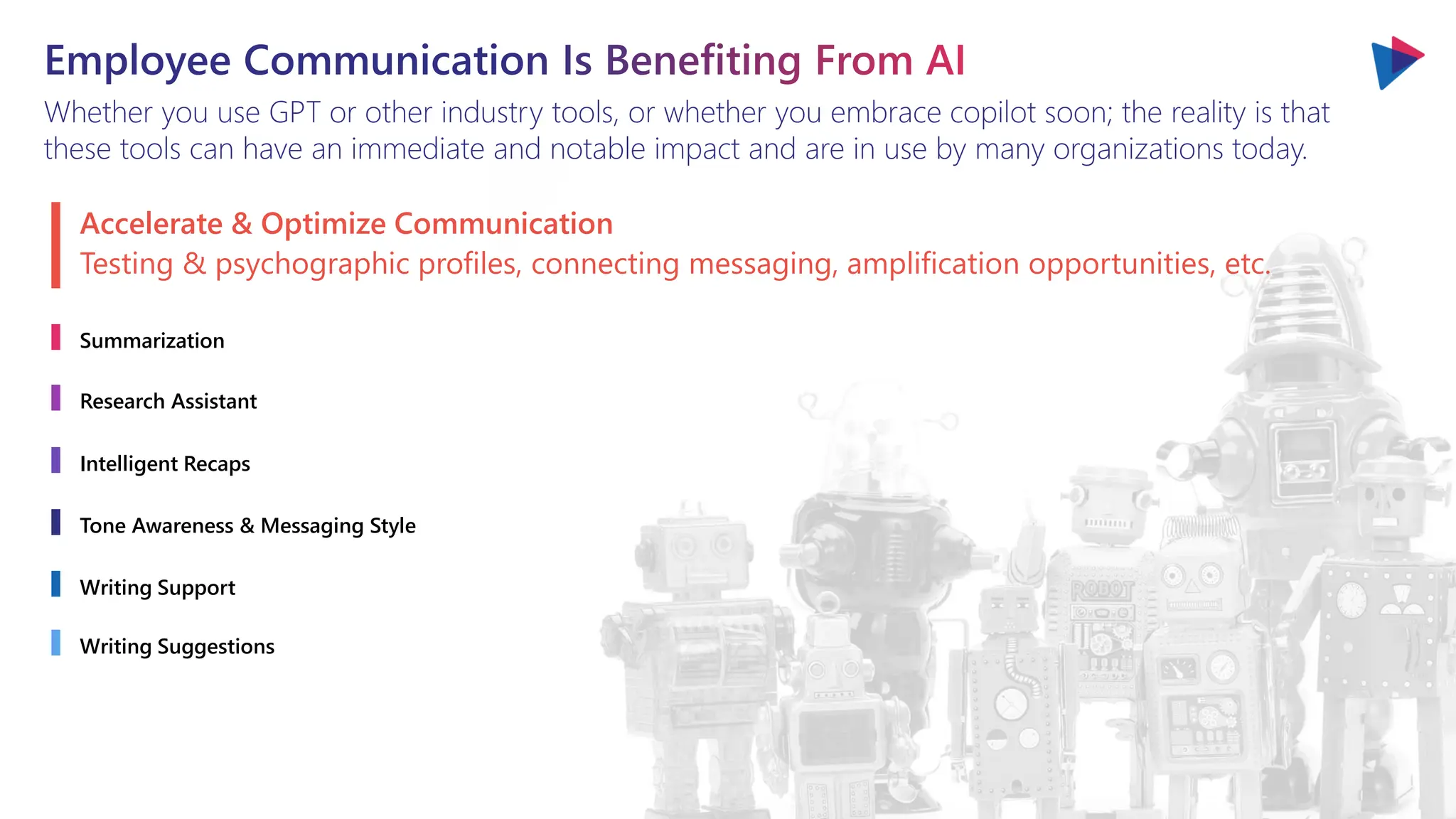 Employee Communication Is Benefiting From AI
Whether you use GPT or other industry tools, or whether you embrace copilot soon; the reality is that
these tools can have an immediate and notable impact and are in use by many organizations today.
Accelerate & Optimize Communication
Summarization
Research Assistant
Intelligent Recaps
Tone Awareness & Messaging Style
Writing Support
Writing Suggestions
Testing & psychographic profiles, connecting messaging, amplification opportunities, etc.
 