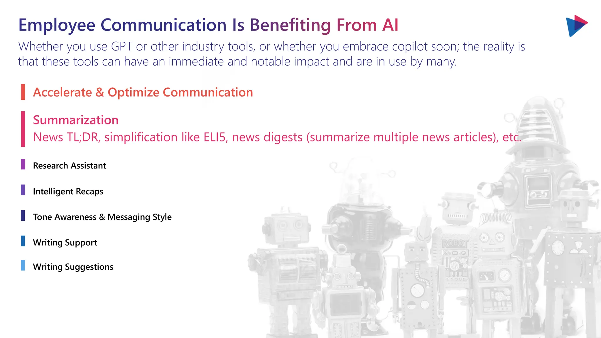 Employee Communication Is Benefiting From AI
Whether you use GPT or other industry tools, or whether you embrace copilot soon; the reality is
that these tools can have an immediate and notable impact and are in use by many.
Accelerate & Optimize Communication
Summarization
News TL;DR, simplification like ELI5, news digests (summarize multiple news articles), etc.
Research Assistant
Intelligent Recaps
Tone Awareness & Messaging Style
Writing Support
Writing Suggestions
 