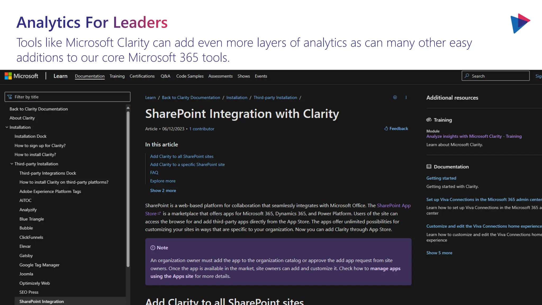 Analytics For Leaders
Tools like Microsoft Clarity can add even more layers of analytics as can many other easy
additions to our core Microsoft 365 tools.
 