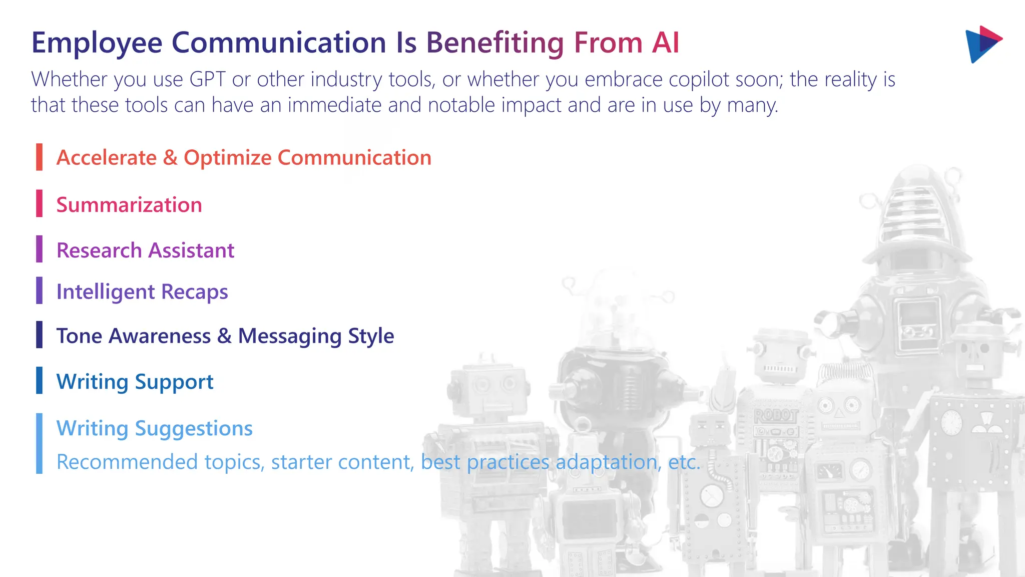 Employee Communication Is Benefiting From AI
Whether you use GPT or other industry tools, or whether you embrace copilot soon; the reality is
that these tools can have an immediate and notable impact and are in use by many.
Writing Suggestions
Recommended topics, starter content, best practices adaptation, etc.
Accelerate & Optimize Communication
Summarization
Research Assistant
Intelligent Recaps
Tone Awareness & Messaging Style
Writing Support
 