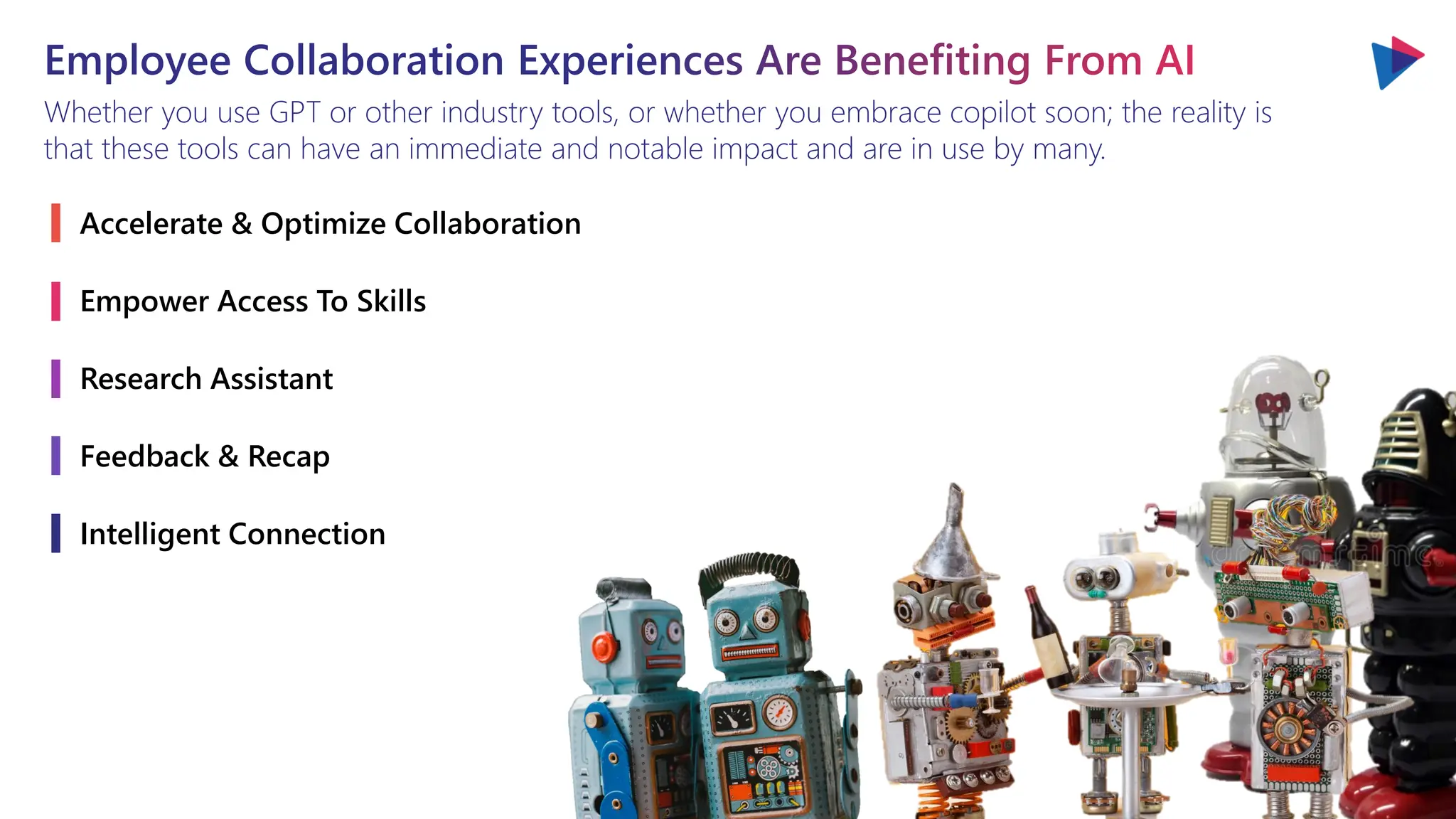 Employee Collaboration Experiences Are Benefiting From AI
Whether you use GPT or other industry tools, or whether you embrace copilot soon; the reality is
that these tools can have an immediate and notable impact and are in use by many.
Accelerate & Optimize Collaboration
Empower Access To Skills
Research Assistant
Feedback & Recap
Intelligent Connection
 