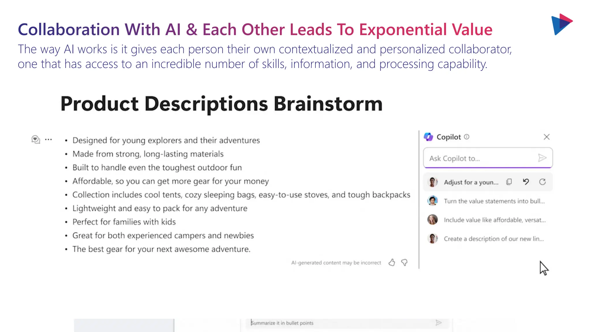 The way AI works is it gives each person their own contextualized and personalized collaborator,
one that has access to an incredible number of skills, information, and processing capability.
Collaboration With AI & Each Other Leads To Exponential Value
 