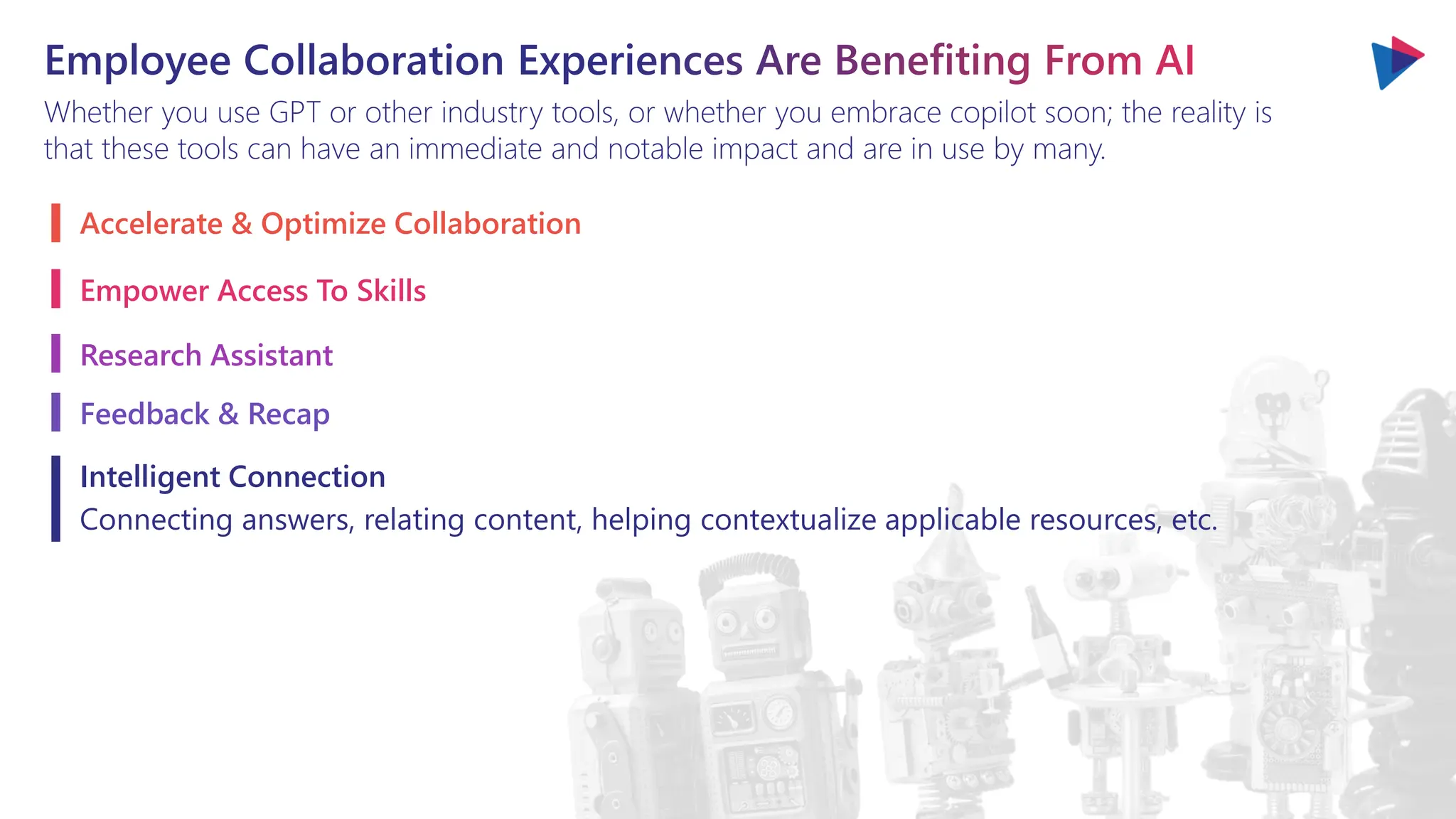 Employee Collaboration Experiences Are Benefiting From AI
Whether you use GPT or other industry tools, or whether you embrace copilot soon; the reality is
that these tools can have an immediate and notable impact and are in use by many.
Accelerate & Optimize Collaboration
Empower Access To Skills
Research Assistant
Feedback & Recap
Intelligent Connection
Connecting answers, relating content, helping contextualize applicable resources, etc.
 