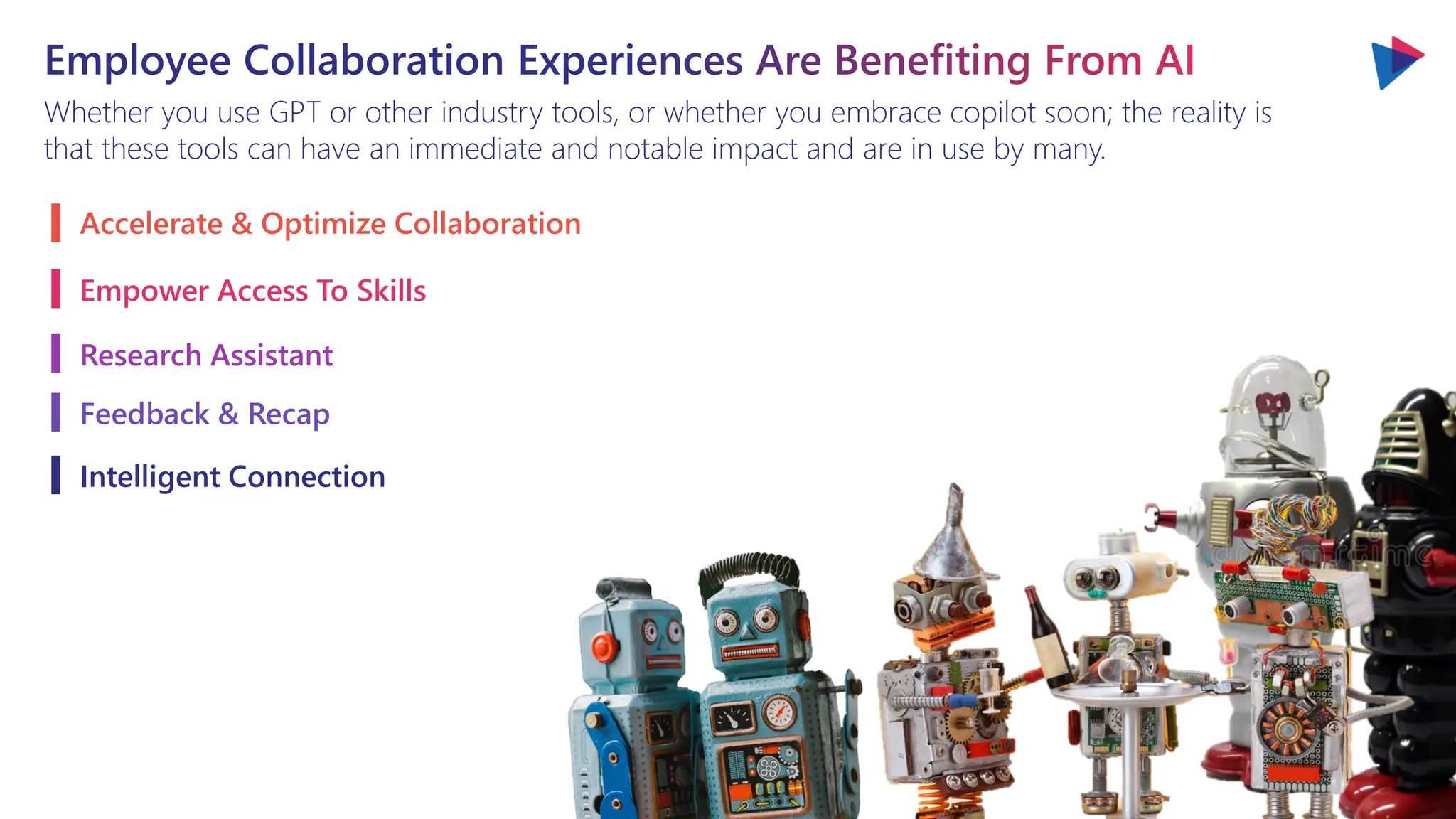 Employee Collaboration Experiences Are Benefiting From AI
Whether you use GPT or other industry tools, or whether you embrace copilot soon; the reality is
that these tools can have an immediate and notable impact and are in use by many.
Accelerate & Optimize Collaboration
Empower Access To Skills
Research Assistant
Feedback & Recap
Intelligent Connection
 
