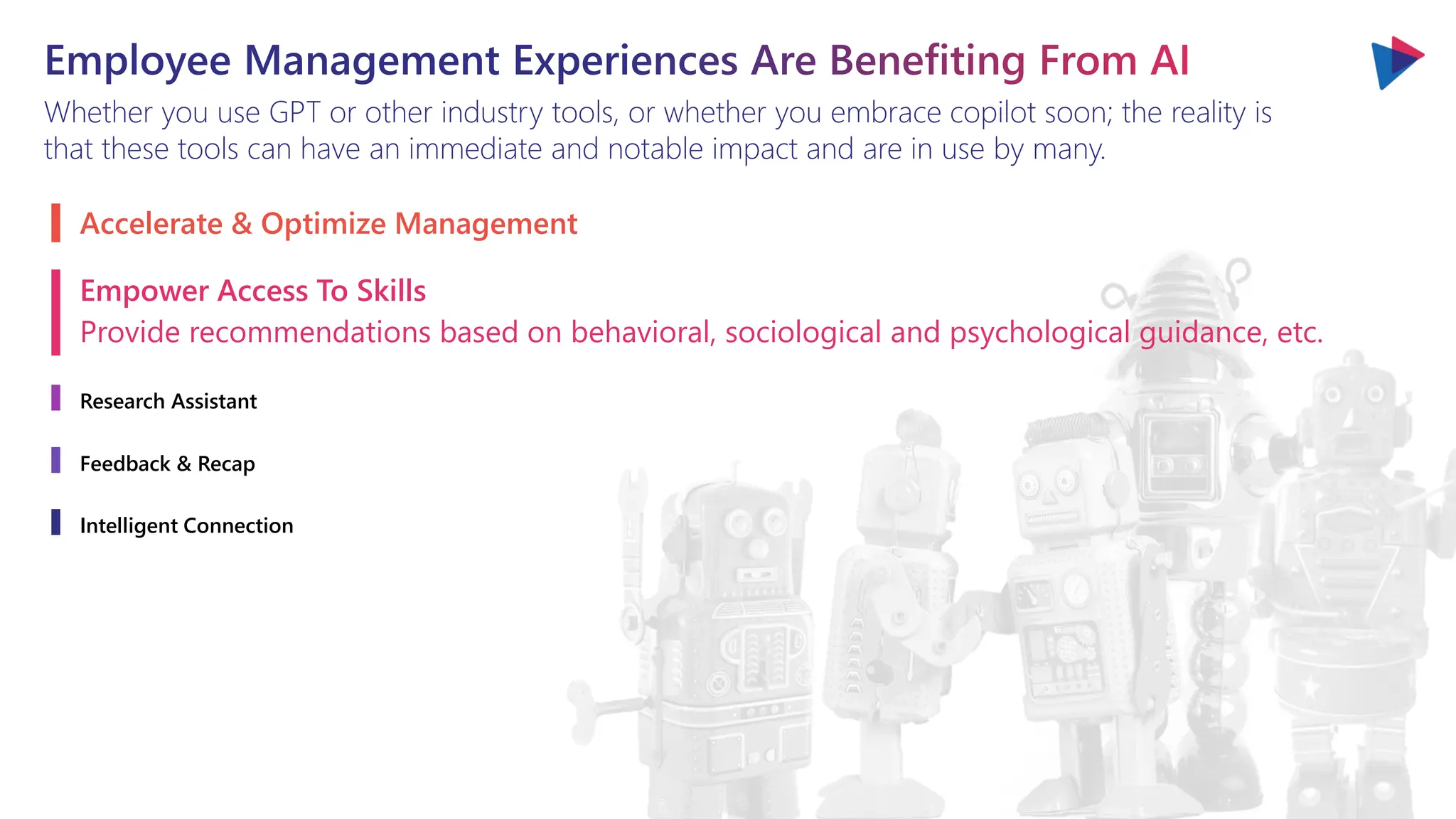 Employee Management Experiences Are Benefiting From AI
Whether you use GPT or other industry tools, or whether you embrace copilot soon; the reality is
that these tools can have an immediate and notable impact and are in use by many.
Accelerate & Optimize Management
Empower Access To Skills
Provide recommendations based on behavioral, sociological and psychological guidance, etc.
Research Assistant
Feedback & Recap
Intelligent Connection
 